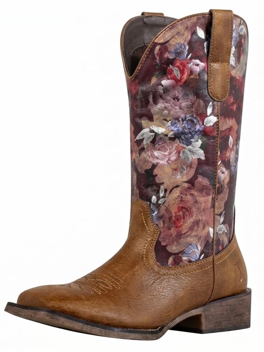 Women's Brown-floral Print Faux Leather Cowgirl Boots Square Mid Calf Brown Boot